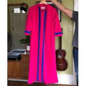 VTG Vanity Fair Fuchsia Velour Zip-Front Housecoat Robe S Mod Navy Racing Stripe